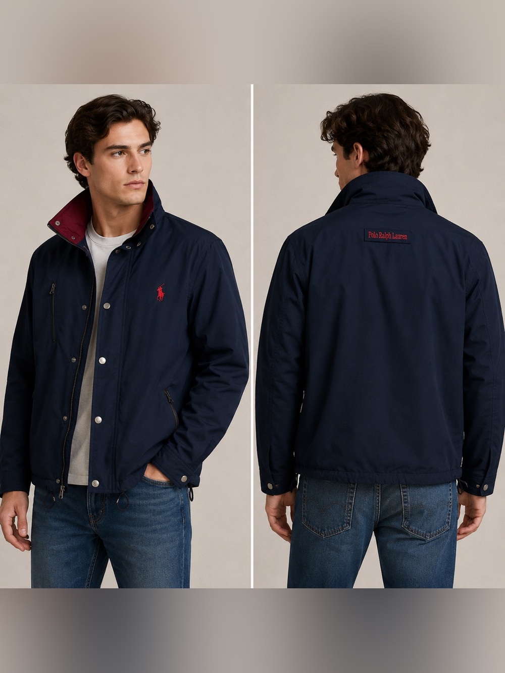 Polo Ralph Lauren Navy‎ Jacket Mens Large NWOT Back Logo Embroidery Hidden Hood
